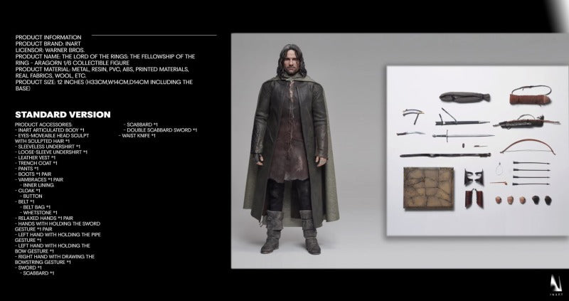 INART Aragorn Lord of The Rings 1:6 Scale Figure Standard Edition Sculpted Hair