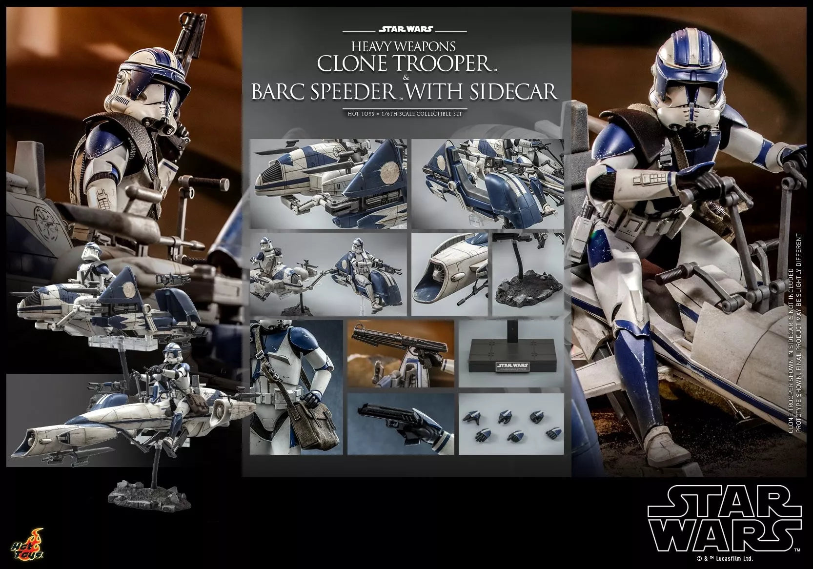 Hot Toys Star Wars-Star Wars The Clone Wars Heavy Weapons Clone Trooper and BARC Speeder with Sidecar Collectible Set TMS077 1/6 Scale Figure