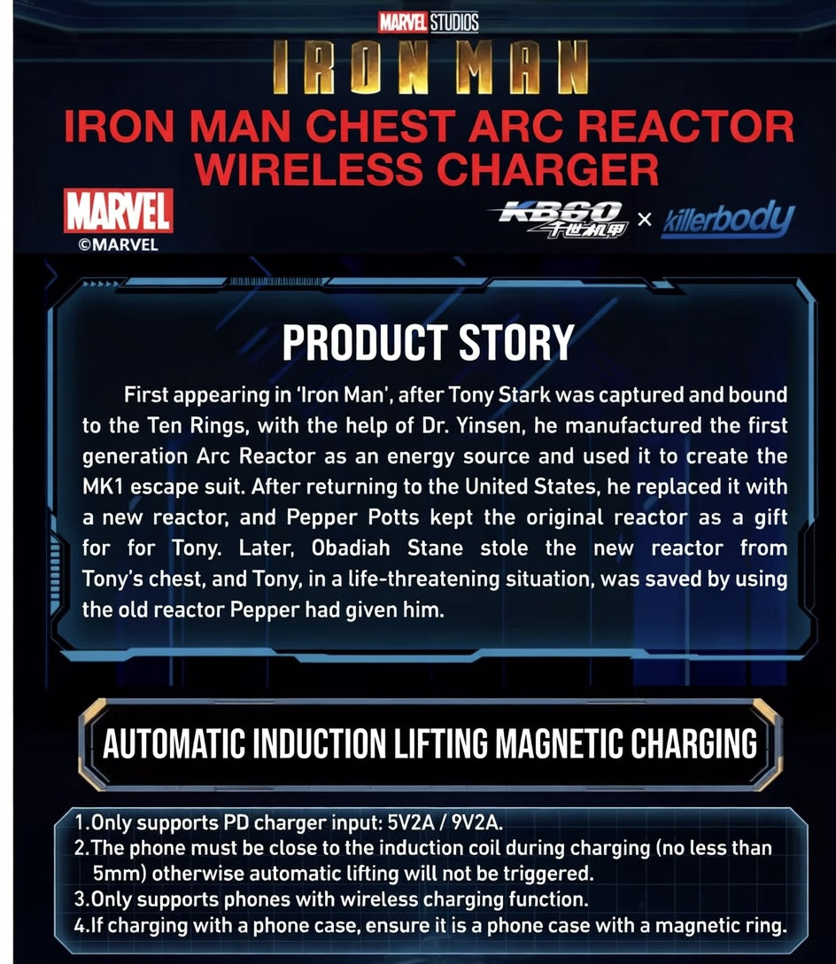 Killerbody Iron Man Arc Reactor Wireless Fast Charger with LED Ambient Light - Marvel Gaming Desk Decor & Model Gift